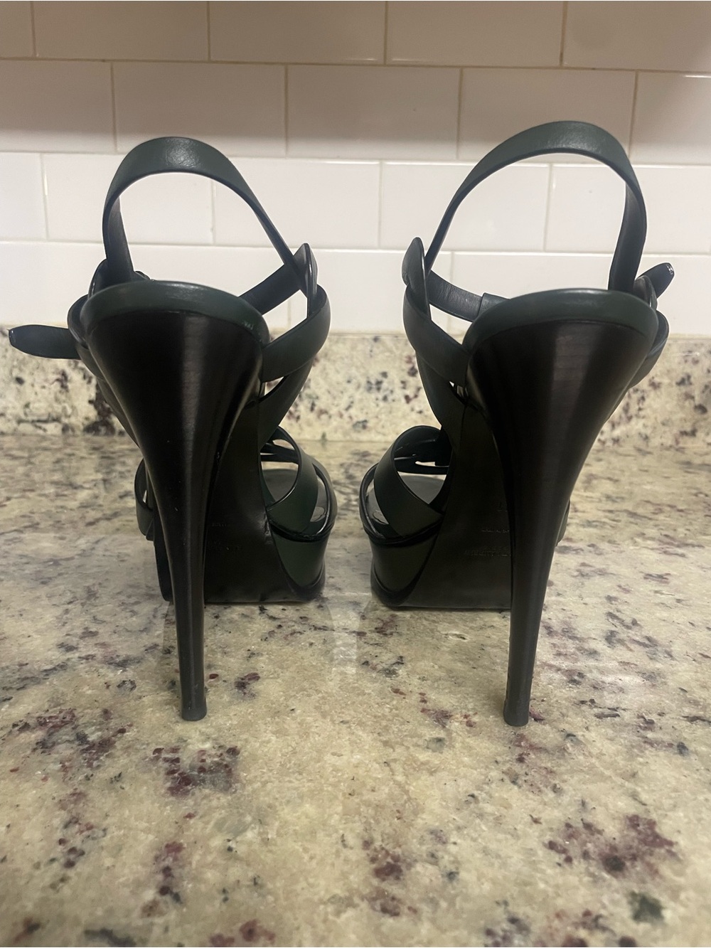 Saint Laurent Tribute Platform Sandals Heels Dark Green size 41 Smooth leather - Picture 7 of 15